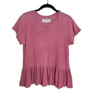 The Great. T-shirt Distressed Pink Cotton Crewneck Peplum Hem